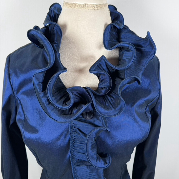 Samuel Dong Blue Satin Wired Ruffle Button Top Blouse Stretch Artsy Chic Size 8 - Picture 3 of 13